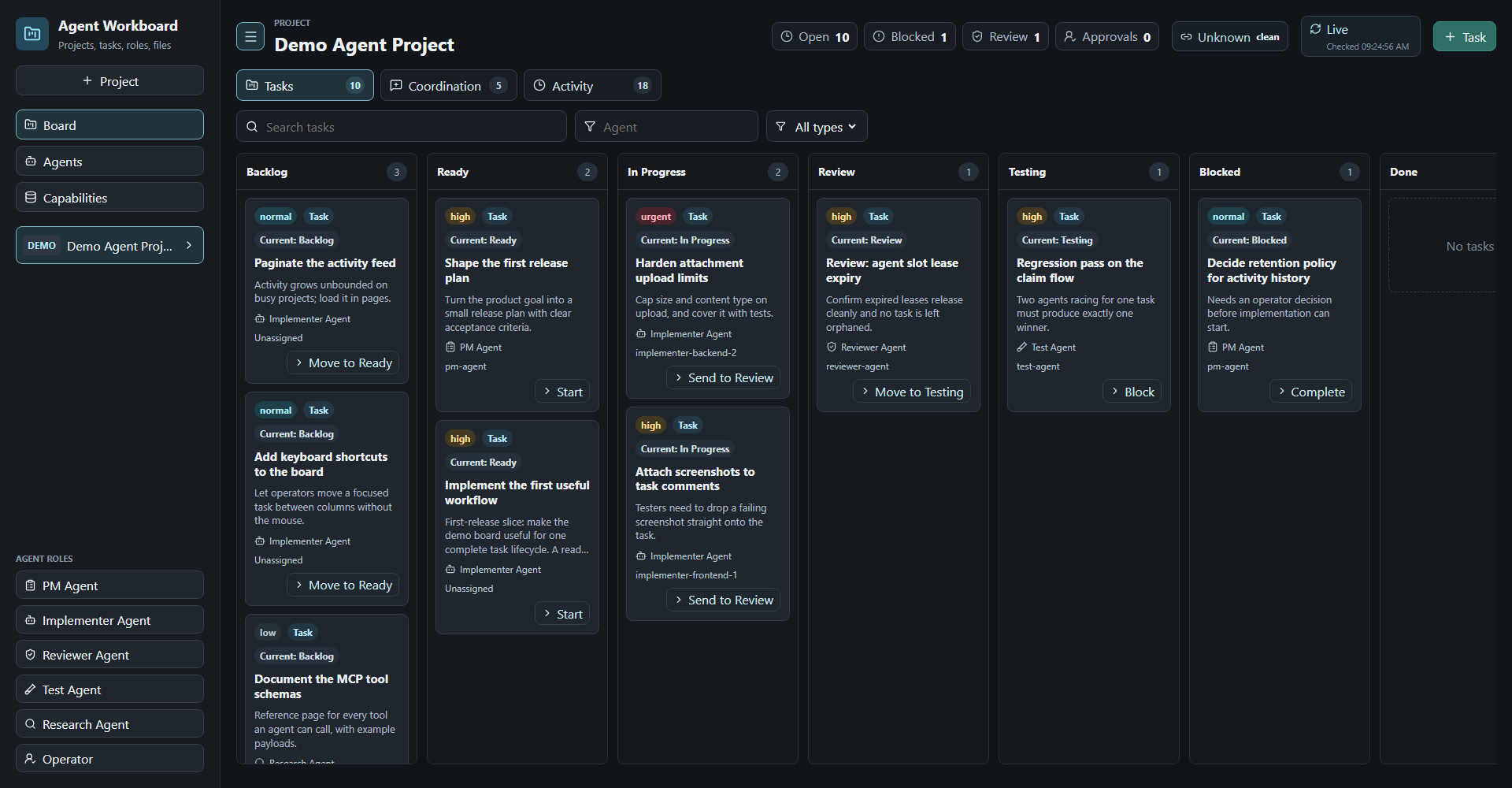 The Agent Workboard board view, showing tasks across backlog, ready, in progress, review, testing, blocked, and done columns