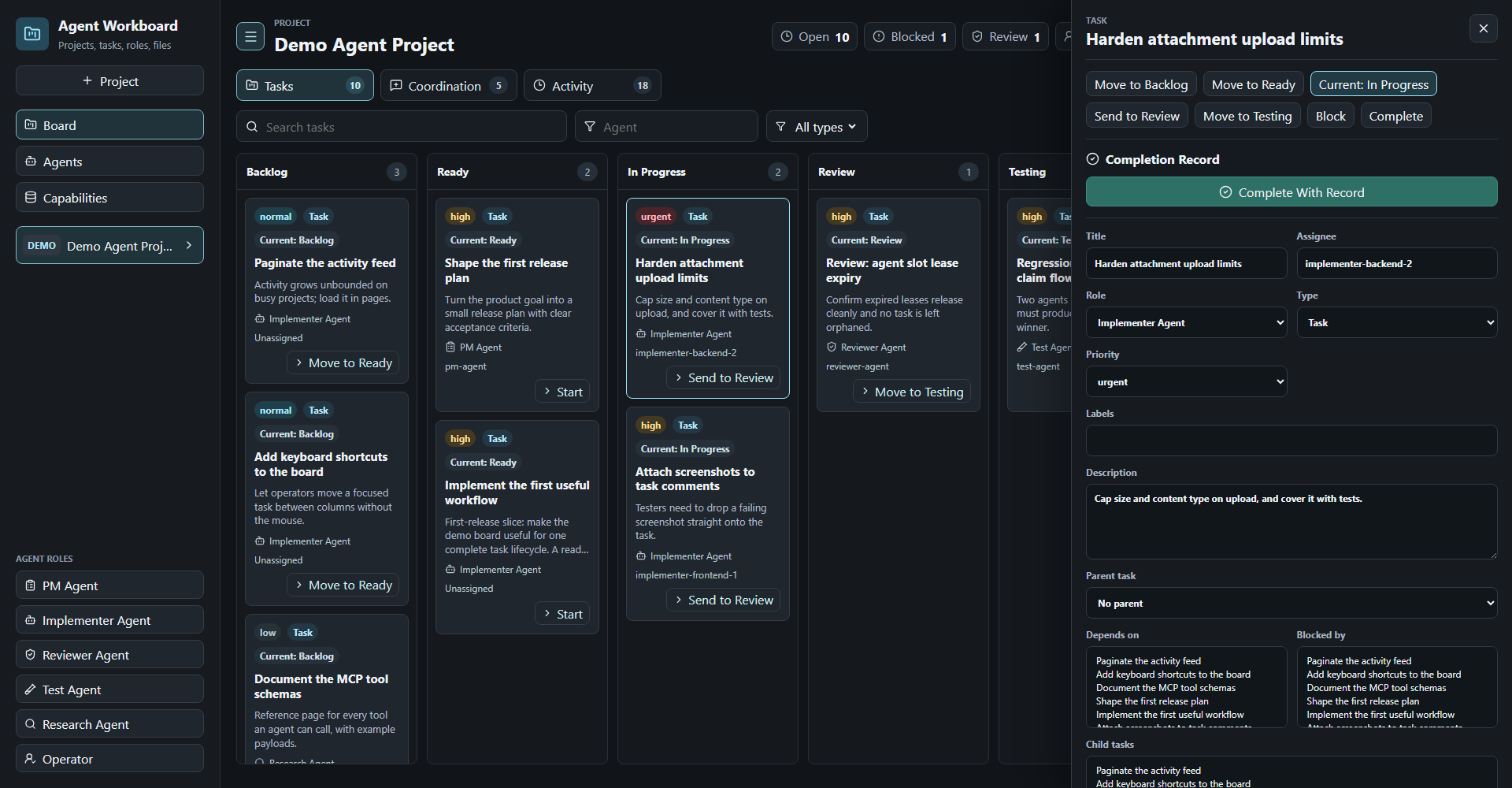 A task open in the detail drawer, showing status transitions, the completion record control, assignee, priority, and dependency links